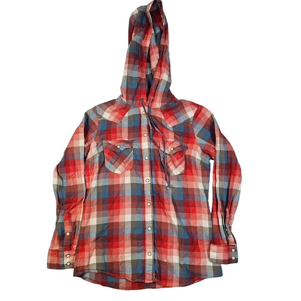 Wrangler Retro Hooded Western Flannel Shirt Red Blue Plaid Pearl Snap Mens Large